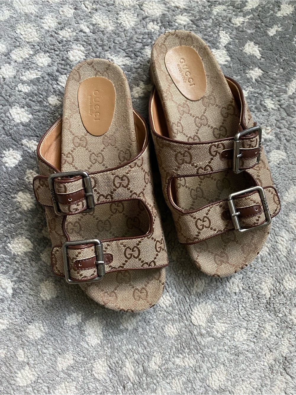Gucci Brown Monogram Double-Buckle Kids Slide Sandals